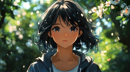 Poster - Anime Girl Portrait with Flowers and Leaves