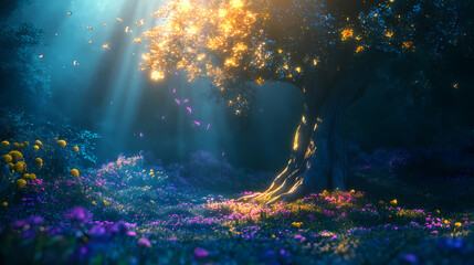 Abstract magical forest with glowing light. fantasy glowing tree and flowers concept. created with generative ai. Magical Forest. Illustration