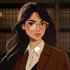 Sticker - Portrait of a beautiful woman with long black hair wearing glasses and a brown suit jacket