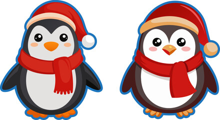 Wall Mural - two cute penguin characters,Christmas Santa design elements. Holiday