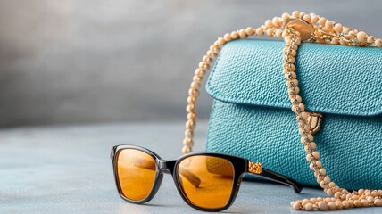 Wall Mural - A pair of sunglasses and a blue purse are displayed on a table