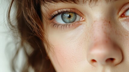 Wall Mural - A woman with green eyes and a pink nose