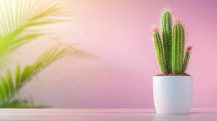 Wall Mural - A white pot with a cactus plant in it sits on a wooden table