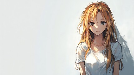 Canvas Print - Anime girl with long blonde hair and sad expression in white shirt on light background