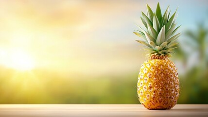 A single pineapple sits on a wooden table in front of a bright blue sky