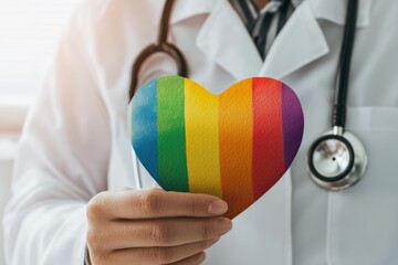 A healthcare professional holds a rainbow heart symbol, representing inclusivity, love, and support for the LGBTQ+ communityHealth and medical checkup concept