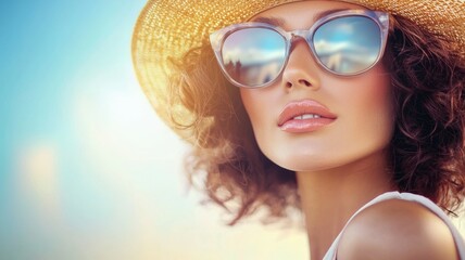 Poster - A woman wearing a straw hat and sunglasses is smiling