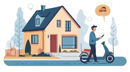 Poster - A man using his smartphone to order food online, with an illustration of a scooter delivery person heading toward his home, representing a fast delivery service.
