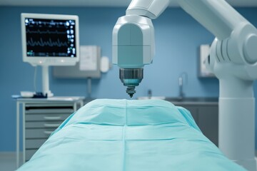 A robotic surgical arm hovers over a teal surgical drape in a modern operating room, showcasing advanced medical technologyHealth and medical checkup concept