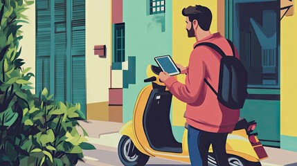 Poster - A man using his smartphone to order food online, with an illustration of a scooter delivery person heading toward his home, representing a fast delivery service.