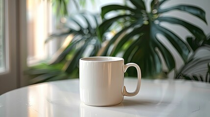 A White Mug on a White Table with Green Foliage in the Background