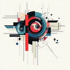 Wall Mural - Abstract geometric design with a circle in the center, red, blue and black shapes and lines on a white background.