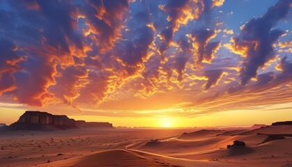 Majestic desert sunset featuring dramatic clouds and vibrant colors