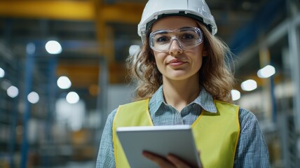 Wall Mural - A woman wearing a yellow vest and a hard hat is holding a tablet