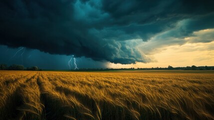 A powerful storm rolling in over a wheat field, with dark clouds, lightning strikes, and the first drops of rain hitting the crops.