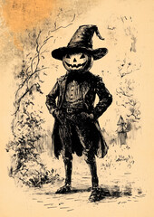 jack-o-lantern head man old clothes with witch hat spooky vintage style illustration of trick-or-treater halloween pumpkin head card invitation jack-o-lantern