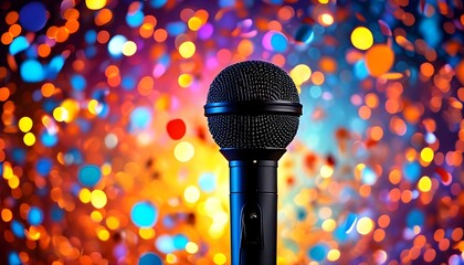 Wall Mural - Vibrant microphone against a backdrop of confetti and colorful lights