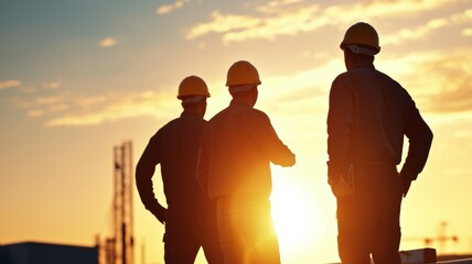 Wall Mural - Three men wearing hard hats are standing together