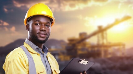 Wall Mural - A man wearing a yellow safety vest and a hard hat is holding a clipboard