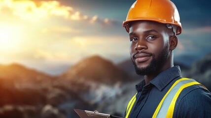 Wall Mural - A man wearing a hard hat and safety vest is standing in front of a mountain