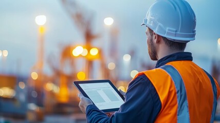 A man in a hard hat and orange vest is looking at a tablet