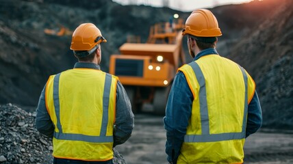 Wall Mural - Two men in yellow safety vests stand in front of a large truck