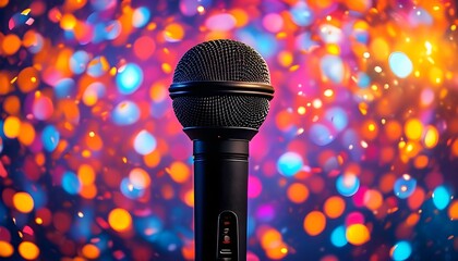 Wall Mural - Vibrant microphone against a backdrop of confetti and colorful lights