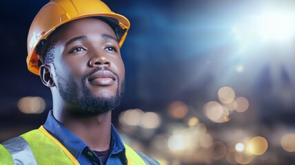 Wall Mural - A man wearing a yellow hard hat and safety vest is looking up at the camera