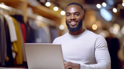 Canvas Print - A man is smiling and using a laptop in a store