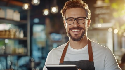 A man with glasses and apron is smiling and holding a tablet