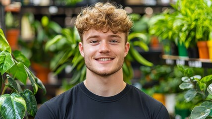 Wall Mural - A man with curly hair is smiling in front of a plant nursery