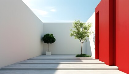 Symmetrical Minimalist Courtyard Bathed in Bright Sunlight with Red and White Walls