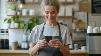 Canvas Print - A woman is smiling while looking at her cell phone in a coffee shop