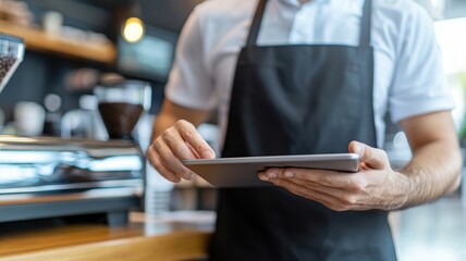 Canvas Print - A man wearing a black apron is holding a tablet in his hand