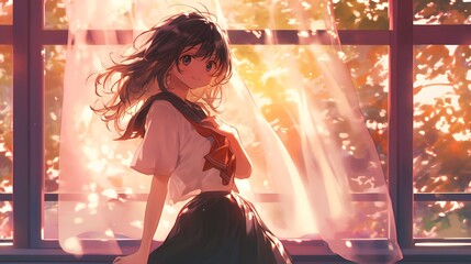 Canvas Print - Anime girl with long brown hair standing by window, light shines through curtains