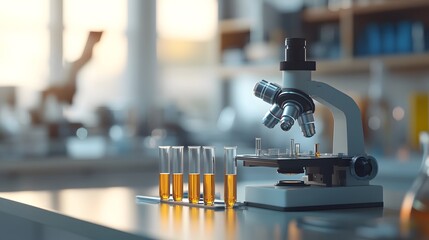 Poster - A Close-Up of a Microscope and Test Tubes in a Laboratory Setting
