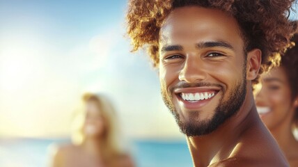 Wall Mural - A man with a beard and a smile is posing for a picture on a beach