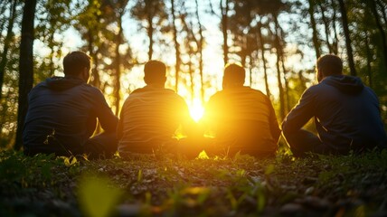 Poster - Four men are sitting in a field, looking up at the sun