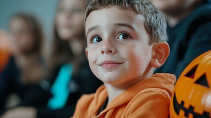 Canvas Print - A young boy is sitting in a room with a group of people