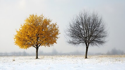 two trees in winter, one is covered with yellow leaves, another one without leaves