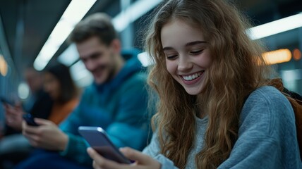 Poster - A girl is smiling while looking at her cell phone