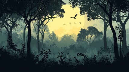 Poster - Silhouette of trees in a misty forest with birds flying, warm sunset background.