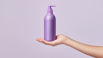 A hand is holding a purple bottle of lotion