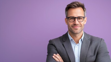 Wall Mural - A man in a suit and glasses is smiling and posing for a photo