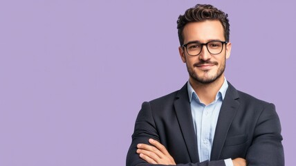 Wall Mural - A man in a suit and glasses is smiling and looking at the camera