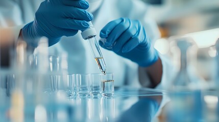 Poster - Scientist in Blue Gloves Dropping Liquid into Glass Beaker