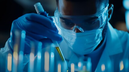 Poster - A Black Male Scientist in a Lab Coat and Protective Gear Works with Test Tubes