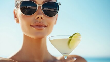 Sticker - A woman is holding a martini glass with a lime wedge in it