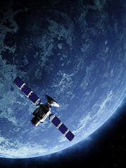 Wall Mural - satellite in space, and blue planet with ice, 3d illustration