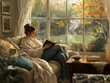 © amavcoffee - A digital painting of a woman reading a book in a comfortable living room